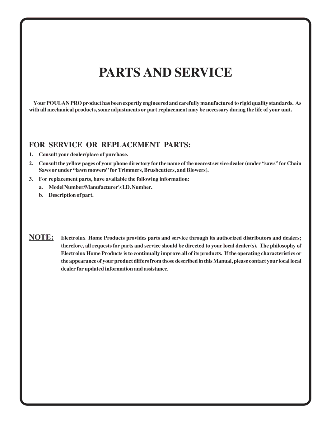 Poulan 183284 owner manual Parts and Service 