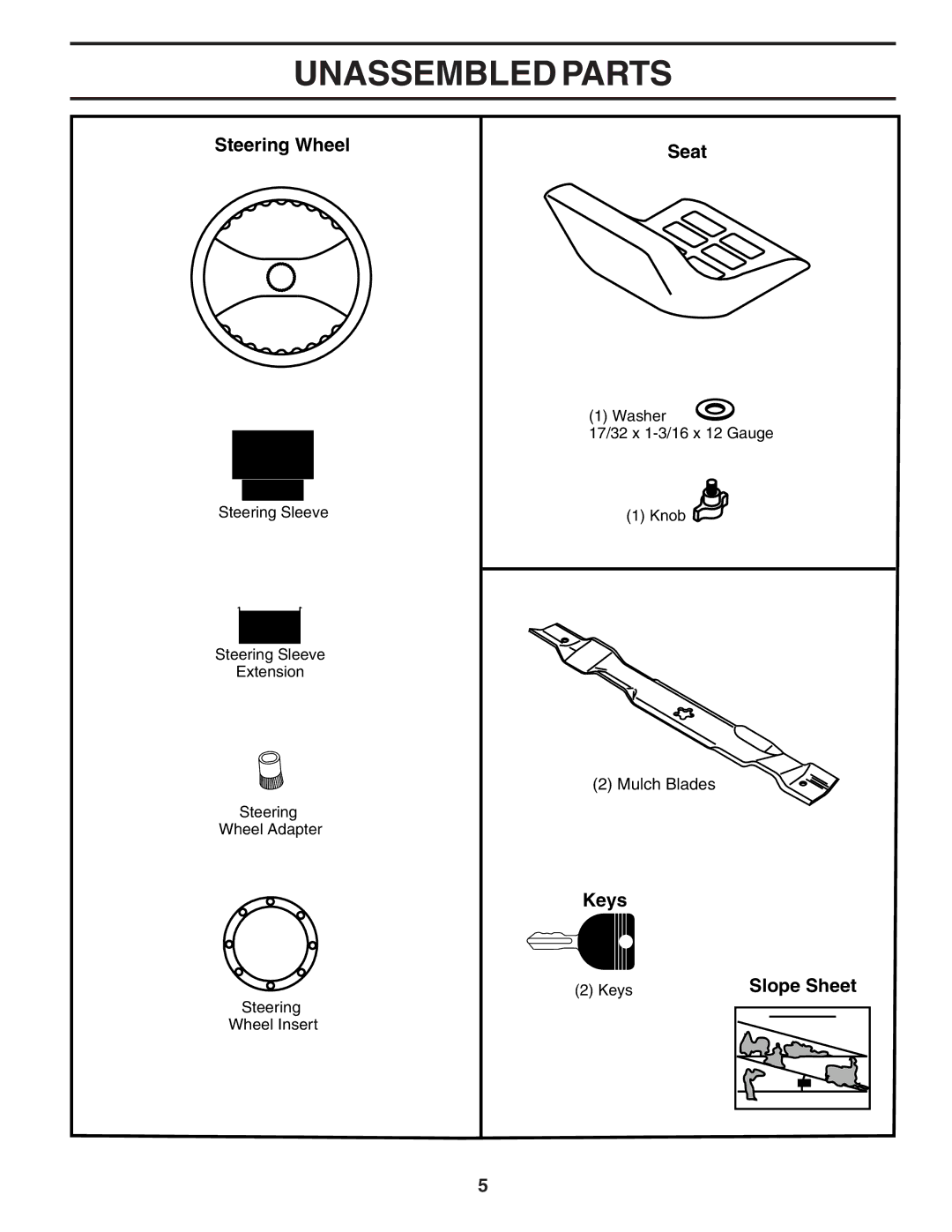 Poulan 183284 owner manual Unassembled Parts, Steering Wheel Seat, Keys, Slope Sheet 