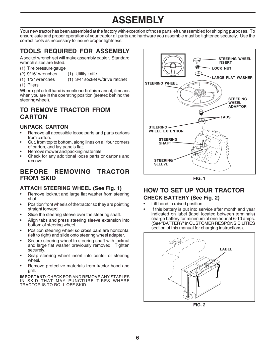 Poulan 183284 Tools Required for Assembly, To Remove Tractor from Carton, Before Removing Tractor from Skid 