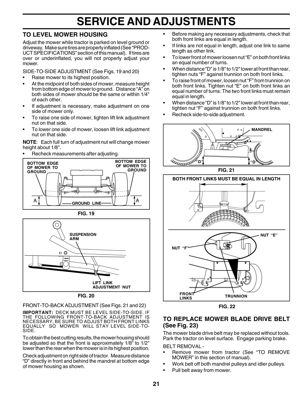 Poulan 183284 owner manual To Level Mower Housing, TO REPLACE MOWER BLADE DRIVE BELT See Fig, Service And Adjustments 