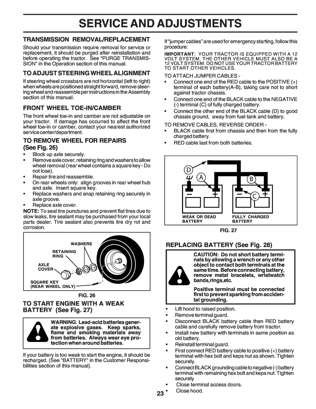Poulan 183284 owner manual Transmission Removal/Replacement, To Adjust Steering Wheel Alignment, Front Wheel Toe-In/Camber 