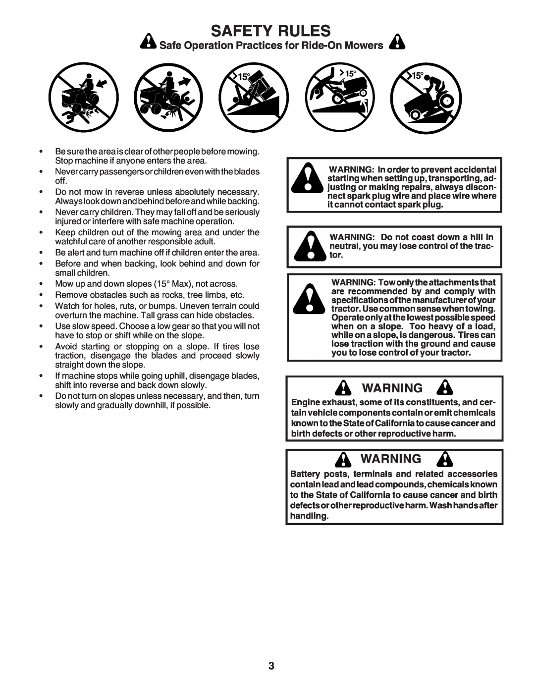 Poulan 183284 owner manual Safety Rules, Safe Operation Practices for Ride-On Mowers 
