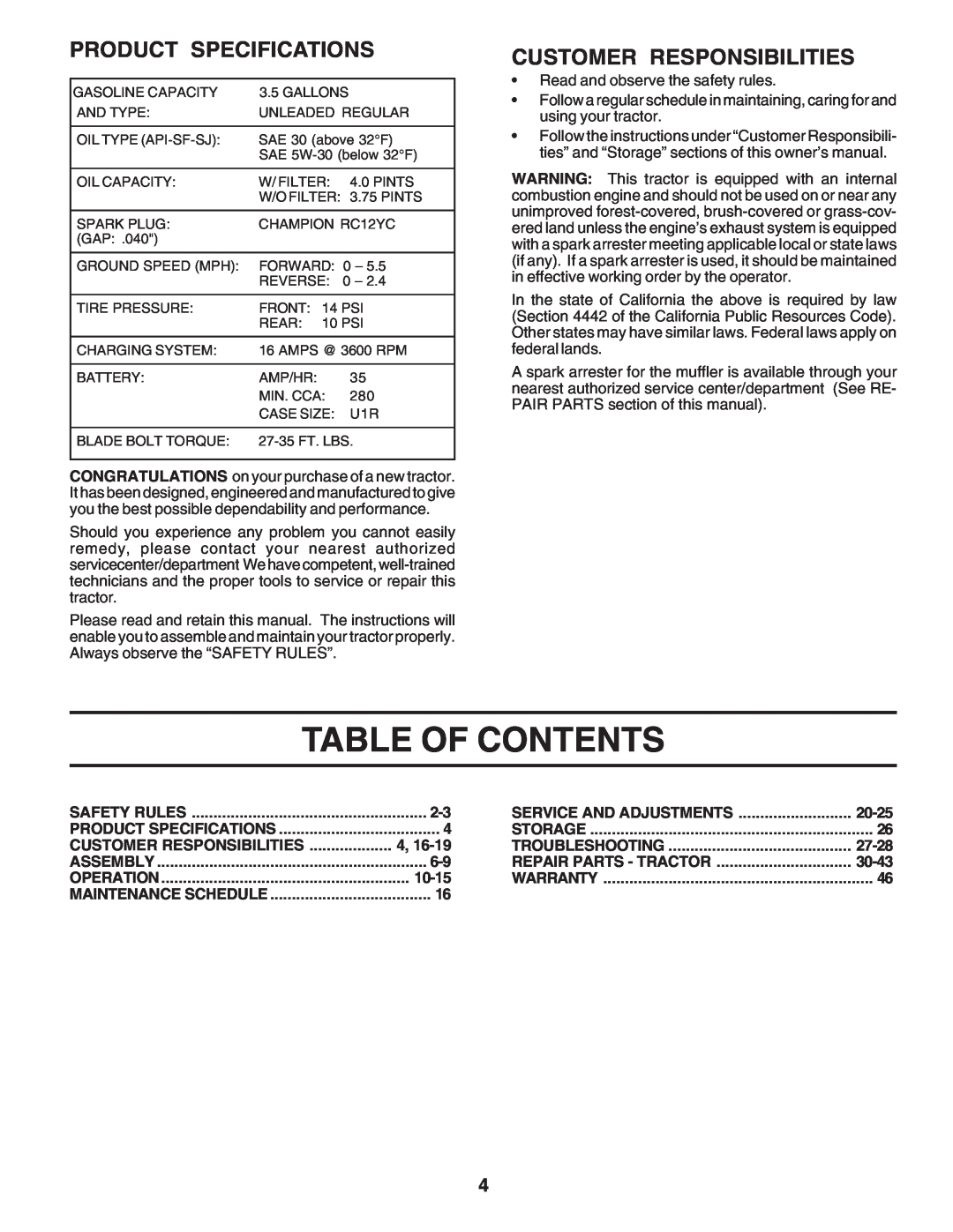 Poulan 183284 owner manual Table Of Contents, Product Specifications, Customer Responsibilities 