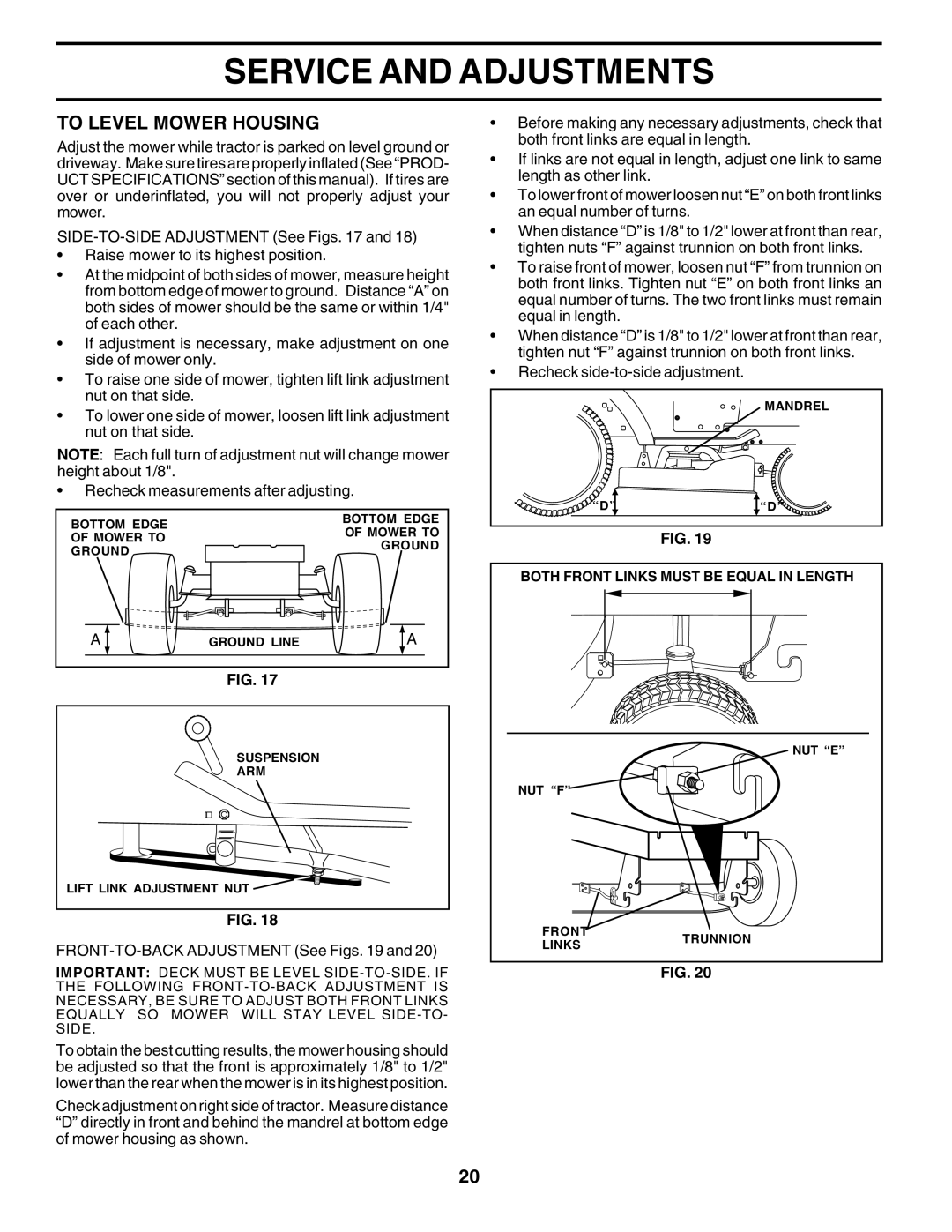 Poulan 183293 manual To Level Mower Housing, FRONT-TO-BACK Adjustment See Figs 