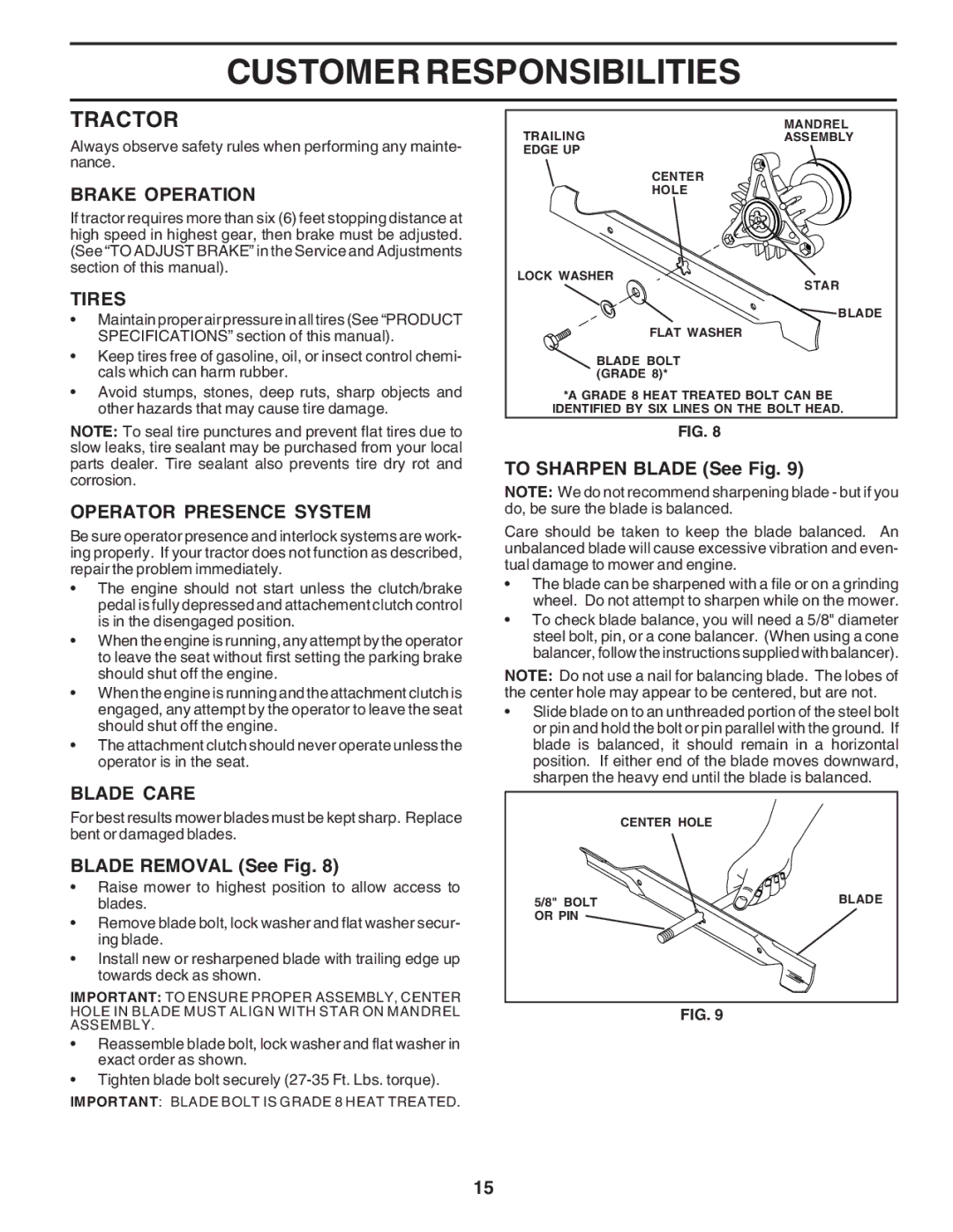 Poulan 183313 manual Tractor, Brake Operation, Tires, Operator Presence System, Blade Care 