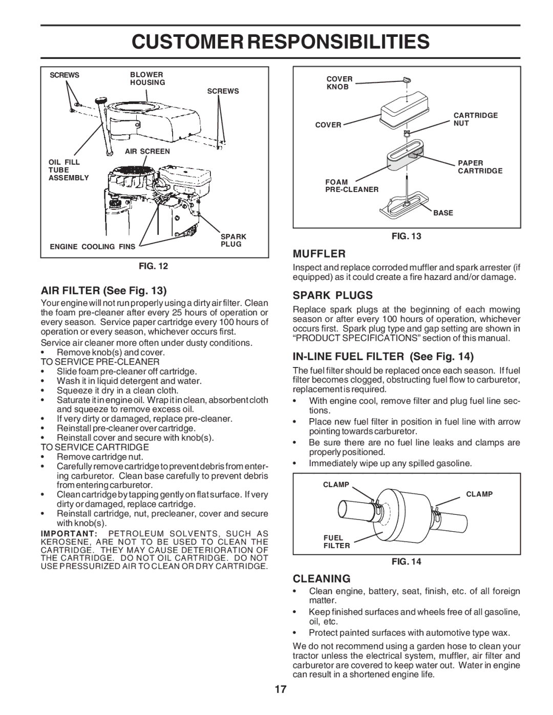 Poulan 183313 manual AIR Filter See Fig, Muffler, Spark Plugs, IN-LINE Fuel Filter See Fig, Cleaning 