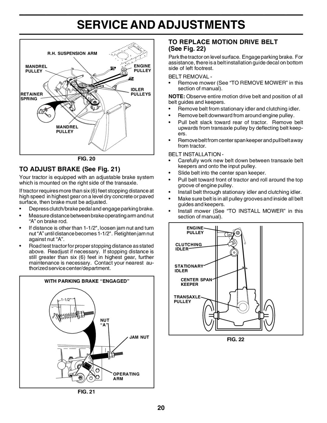 Poulan 183313 manual To Adjust Brake See Fig, To Replace Motion Drive Belt See Fig 