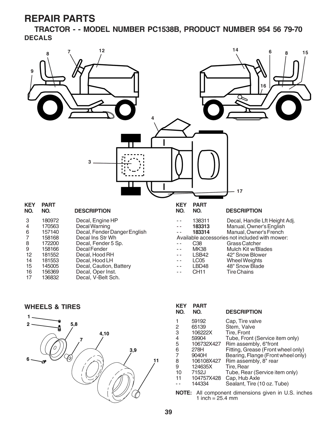 Poulan 183313 manual Decals, Wheels & Tires, LSB42, LBD48 