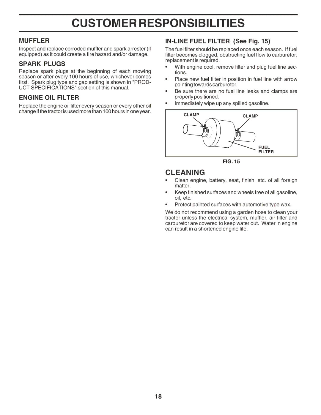 Poulan 183359 owner manual Cleaning, Muffler, Spark Plugs, Engine OIL Filter, IN-LINE Fuel Filter See Fig 