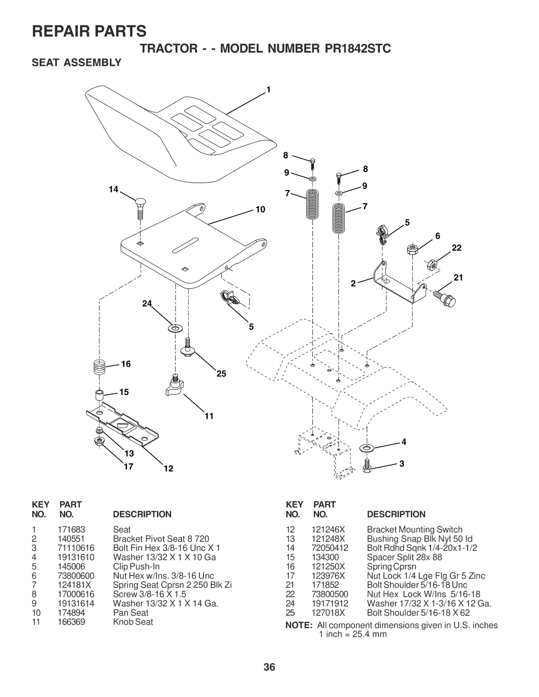 Poulan 183359 owner manual Seat Assembly, KEY Part NO. NO. Description 