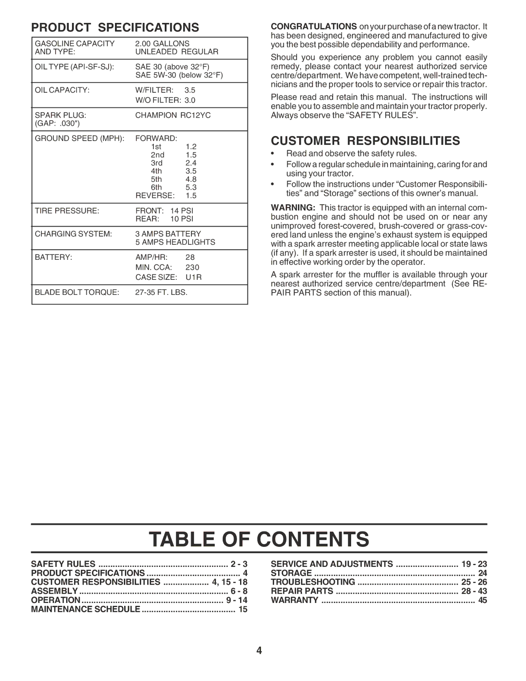 Poulan 183359 owner manual Table of Contents 