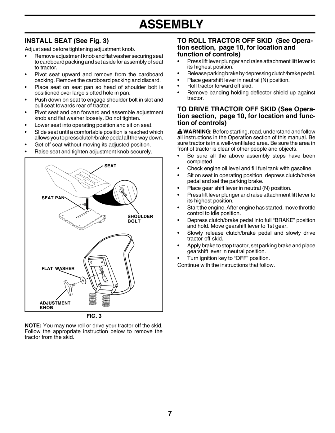 Poulan 183359 owner manual Install Seat See Fig 