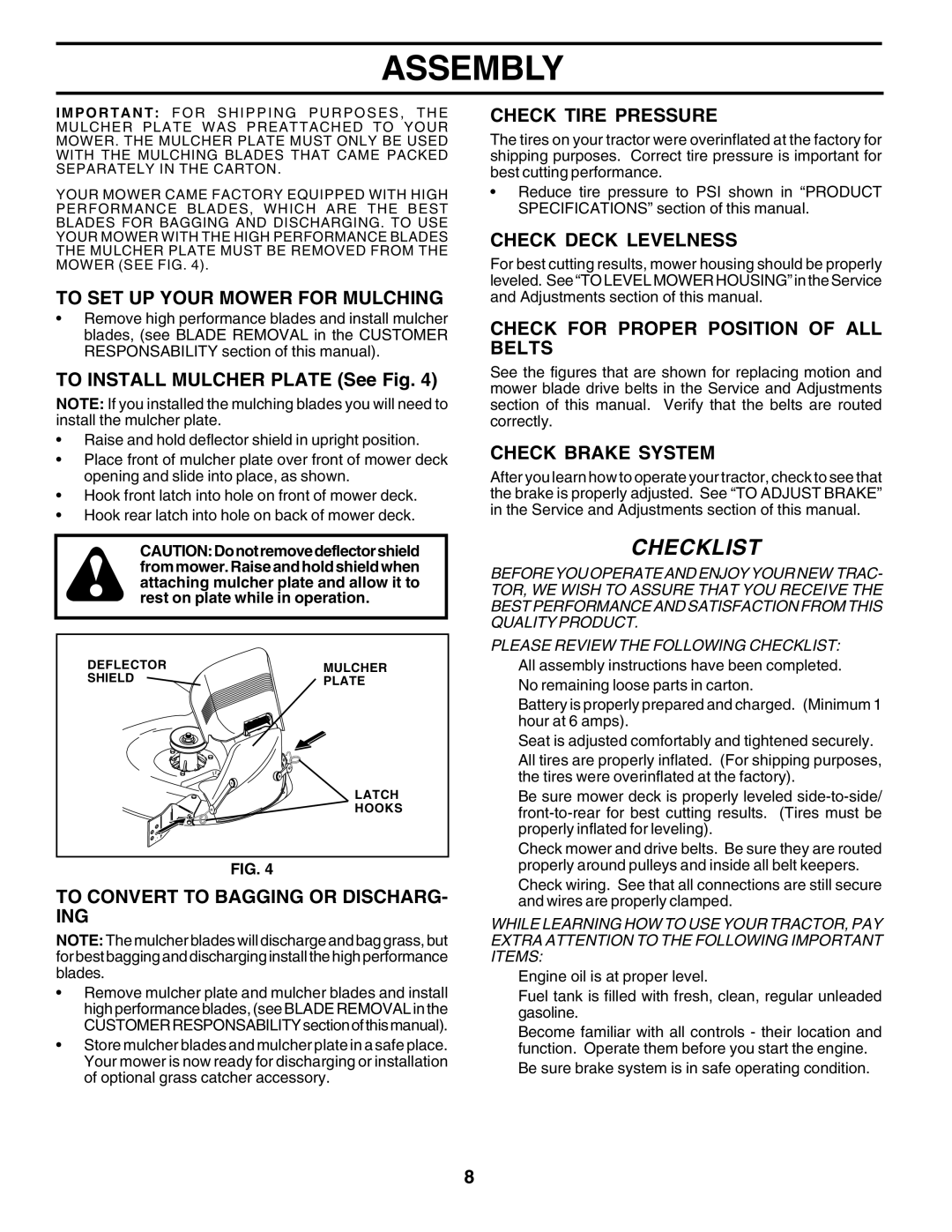 Poulan 183359 owner manual To SET UP Your Mower for Mulching, To Convert to Bagging or DISCHARG- ING, Check Tire Pressure 