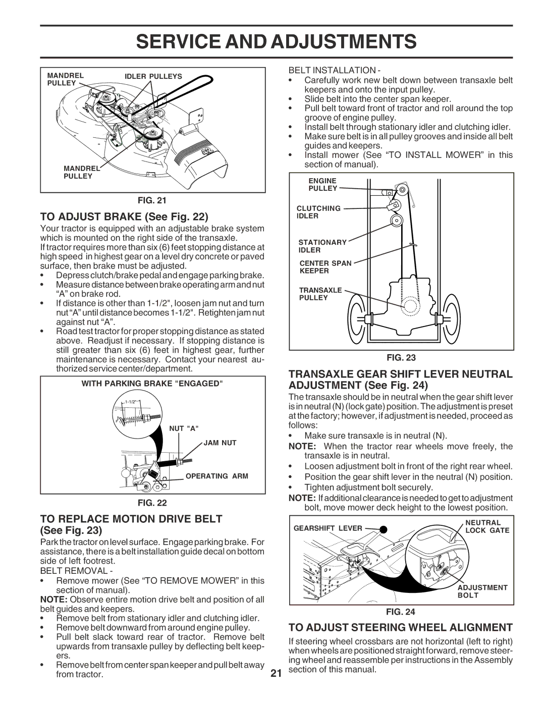 Poulan 183368 To Adjust Brake See Fig, To Replace Motion Drive Belt See Fig, To Adjust Steering Wheel Alignment 