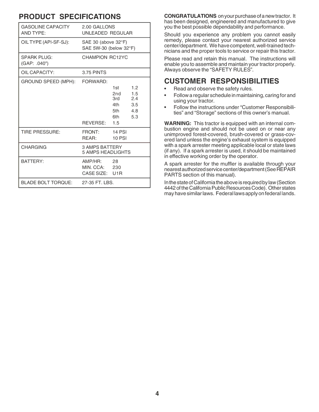 Poulan 183368 owner manual Product Specifications, Customer Responsibilities 