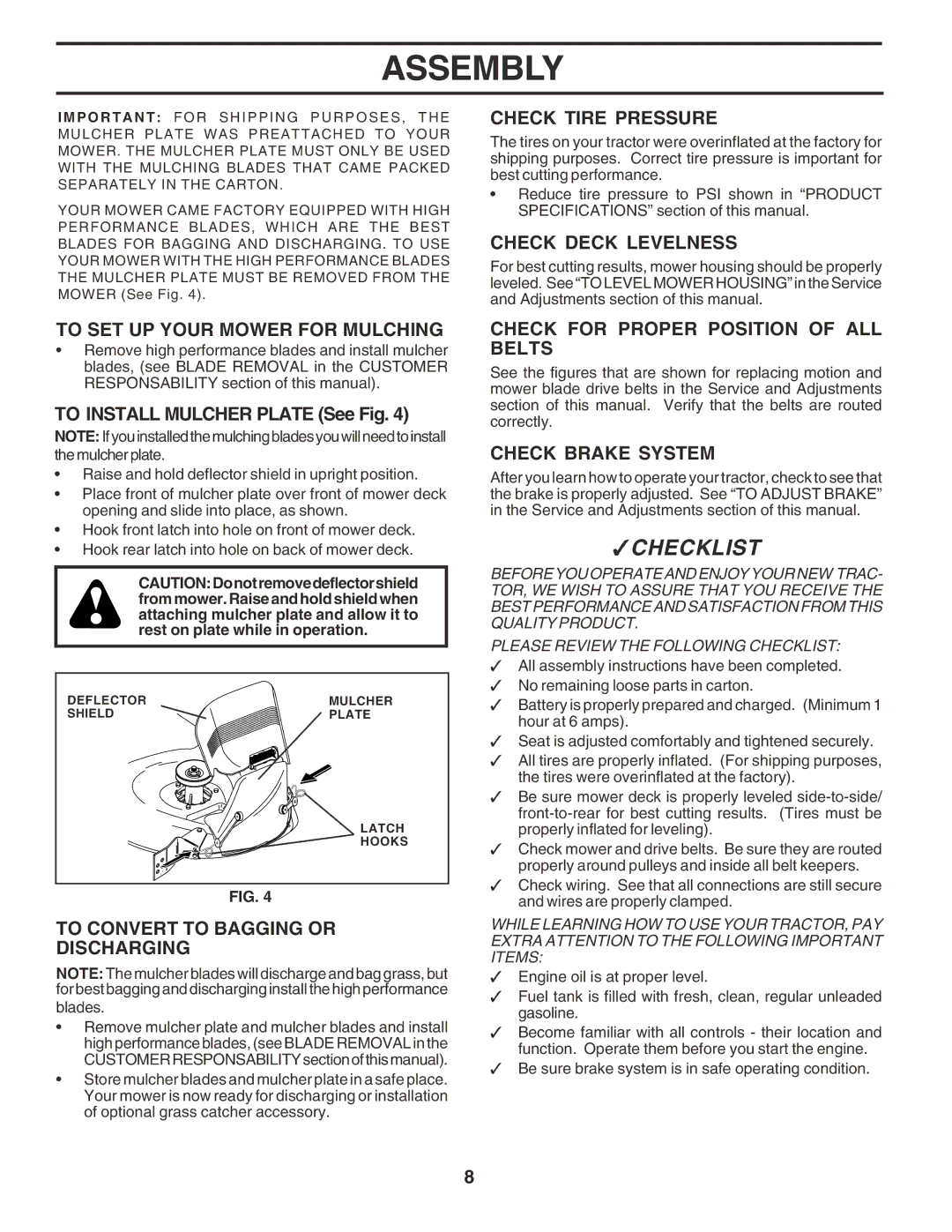 Poulan 183368 owner manual To SET UP Your Mower for Mulching, To Convert to Bagging or Discharging, Check Tire Pressure 