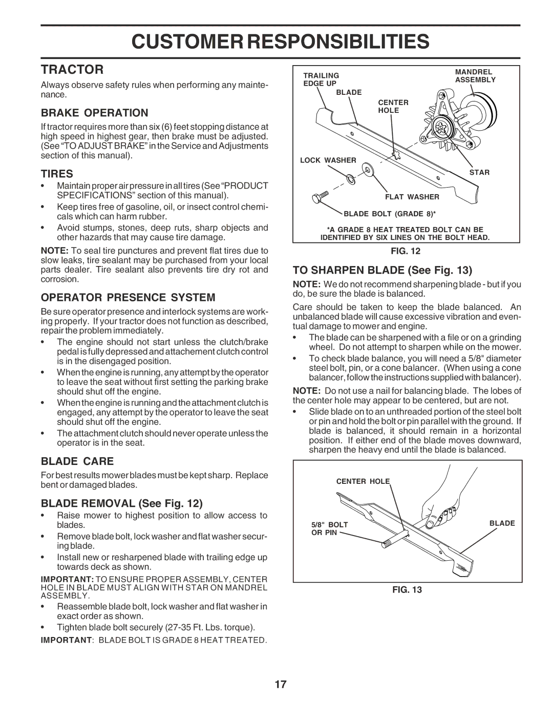 Poulan 183371 owner manual Tractor, Brake Operation, Tires, Operator Presence System, Blade Care 