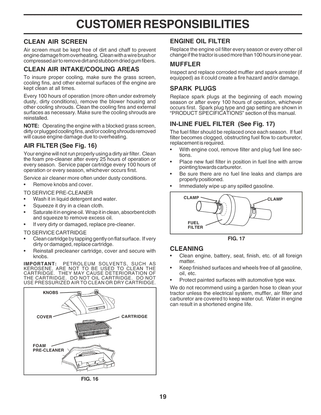 Poulan 183371 Clean AIR Screen, Clean AIR INTAKE/COOLING Areas, Engine OIL Filter, Muffler, Spark Plugs, Cleaning 