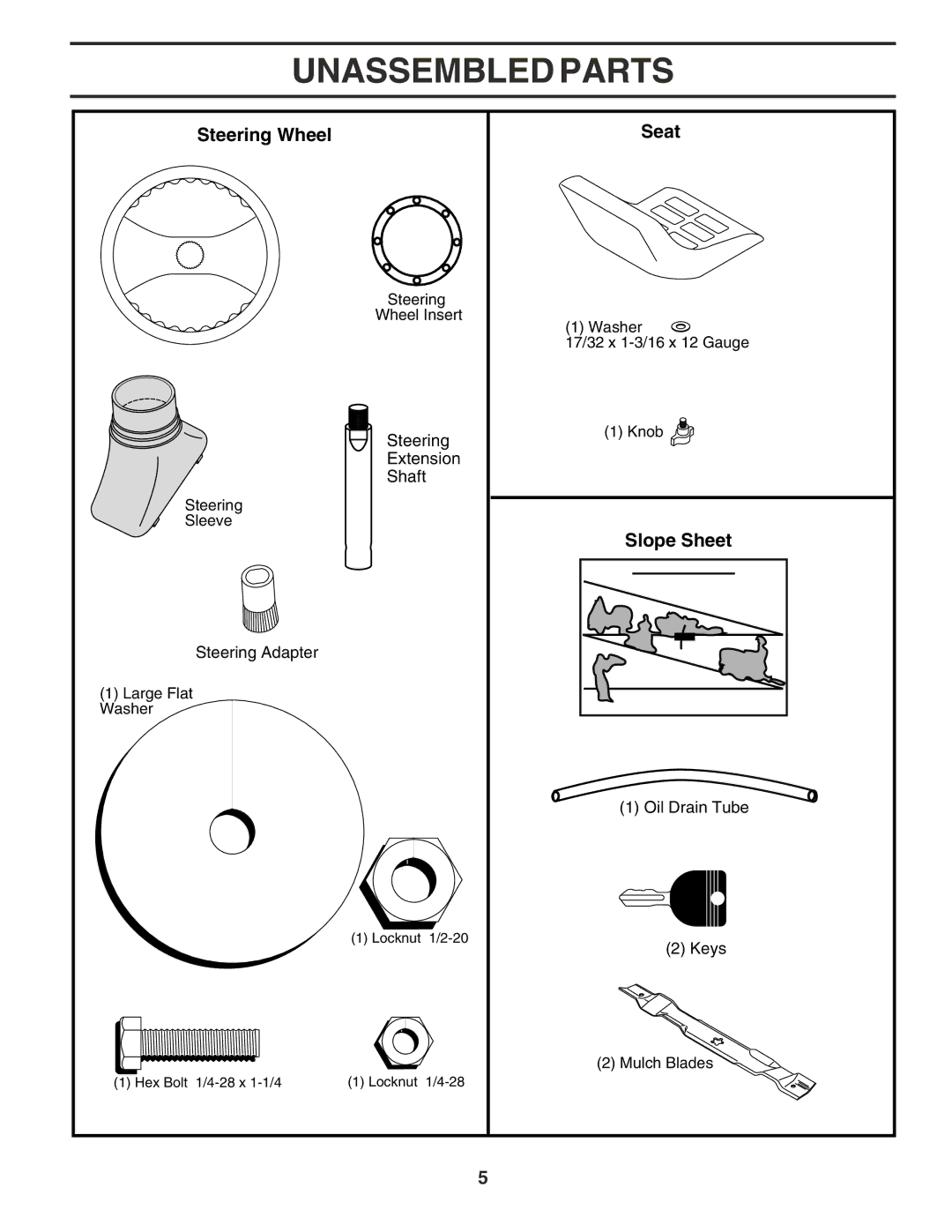 Poulan 183371 owner manual Unassembled Parts, Steering Wheel Seat, Slope Sheet 