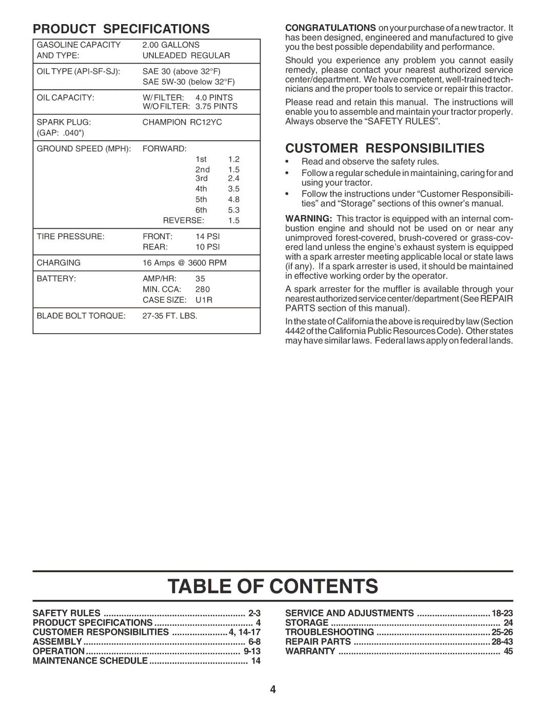 Poulan 183384 owner manual Table of Contents 