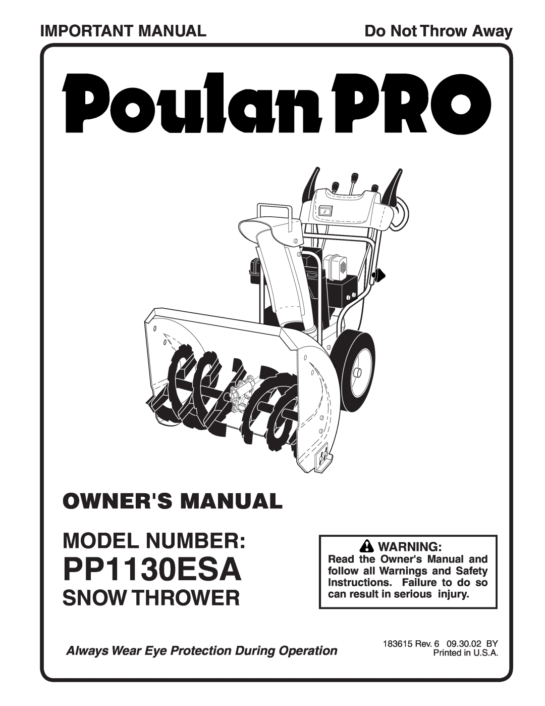 Poulan 183615 owner manual Snow Thrower, Important Manual, PP1130ESA, Do Not Throw Away 