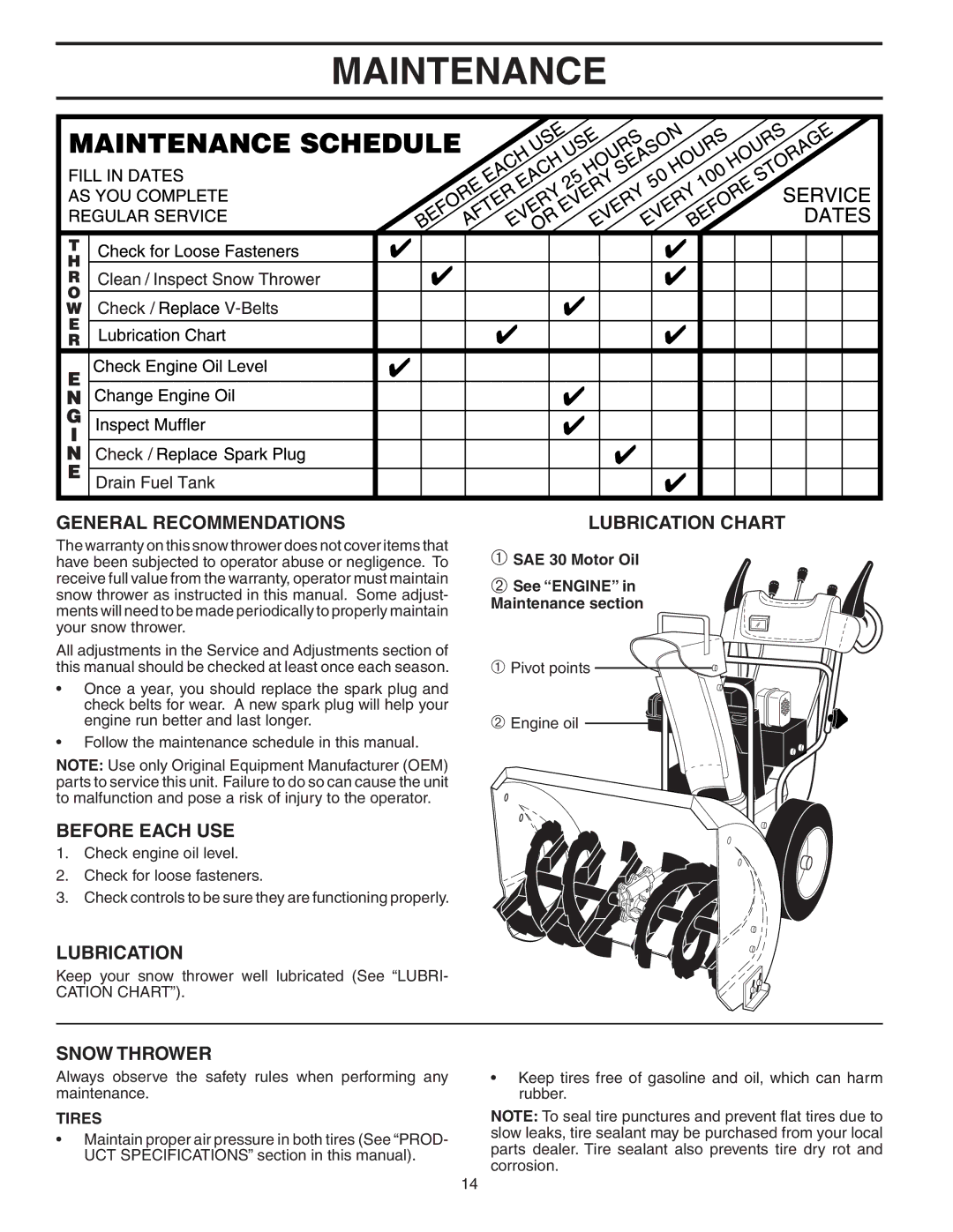 Poulan 183615 owner manual Maintenance, General Recommendations, Before Each USE, Lubrication, Snow Thrower 