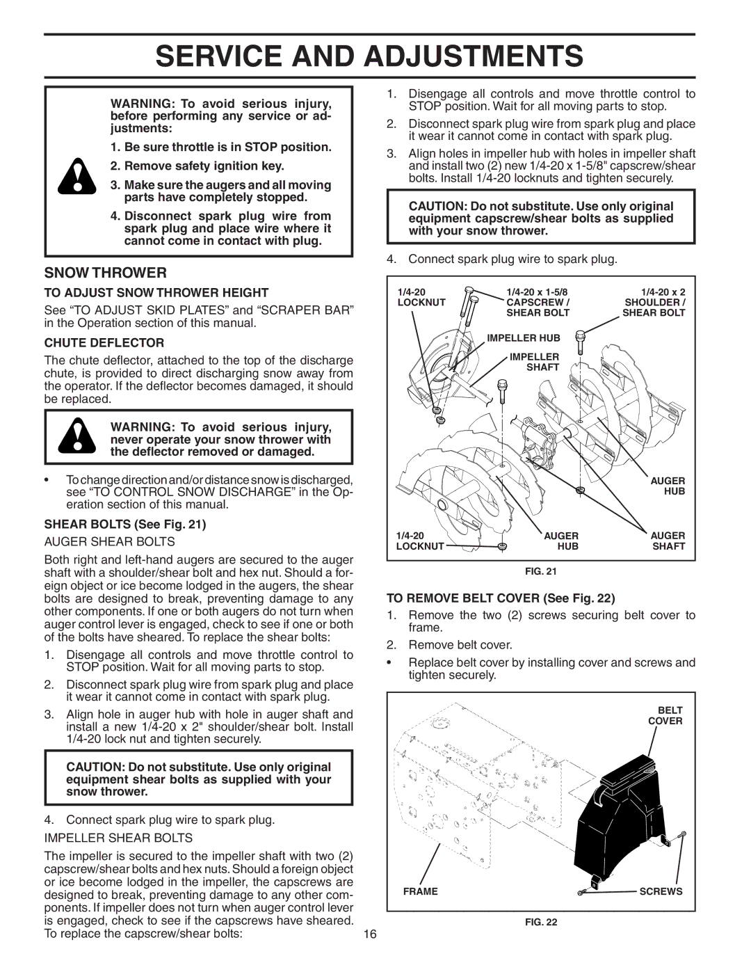 Poulan 183615 owner manual Service and Adjustments, To Adjust Snow Thrower Height, Chute Deflector, Shear Bolts See Fig 