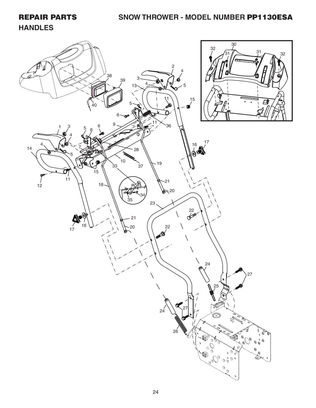 Poulan 183615 owner manual Repair Parts Snow Thrower Model Number PP1130ESA Handles 