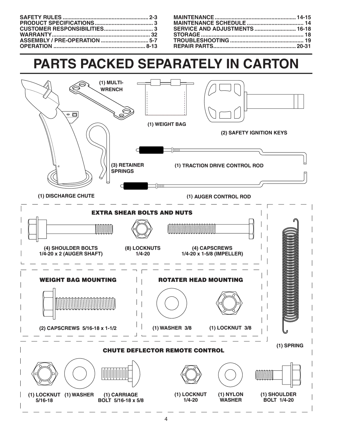 Poulan 183615 owner manual Parts Packed Separately in Carton, 14-15, Service and Adjustments, 16-18, 20-31 