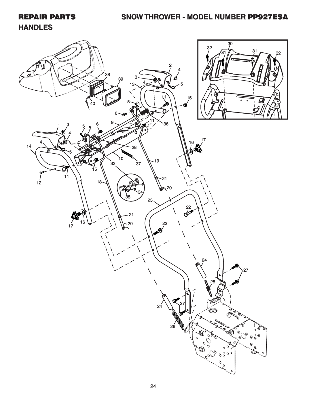 Poulan 183616 owner manual Handles, Repair Parts, SNOW THROWER - MODEL NUMBER PP927ESA 