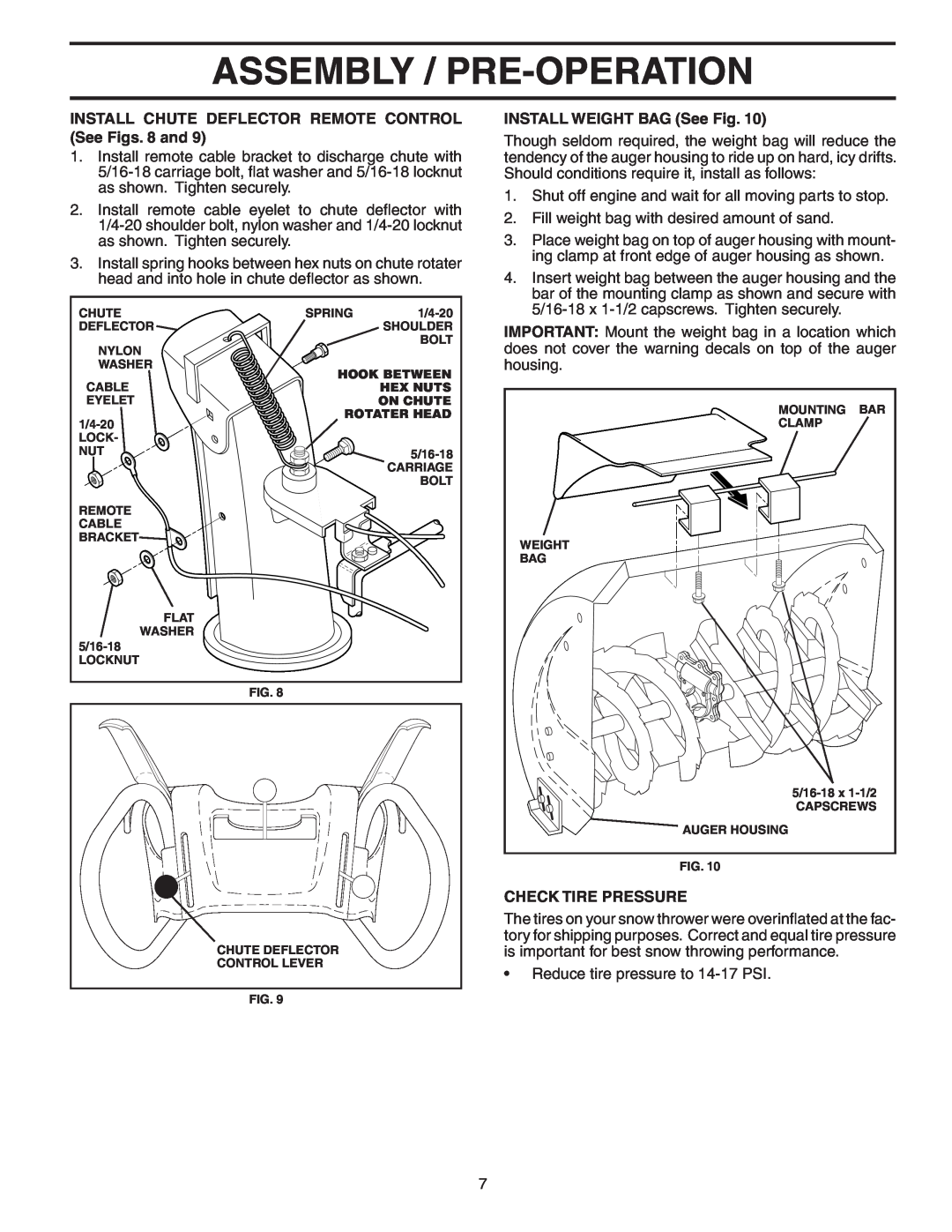 Poulan 183616 Assembly / Pre-Operation, INSTALL CHUTE DEFLECTOR REMOTE CONTROL See Figs. 8 and, INSTALL WEIGHT BAG See Fig 