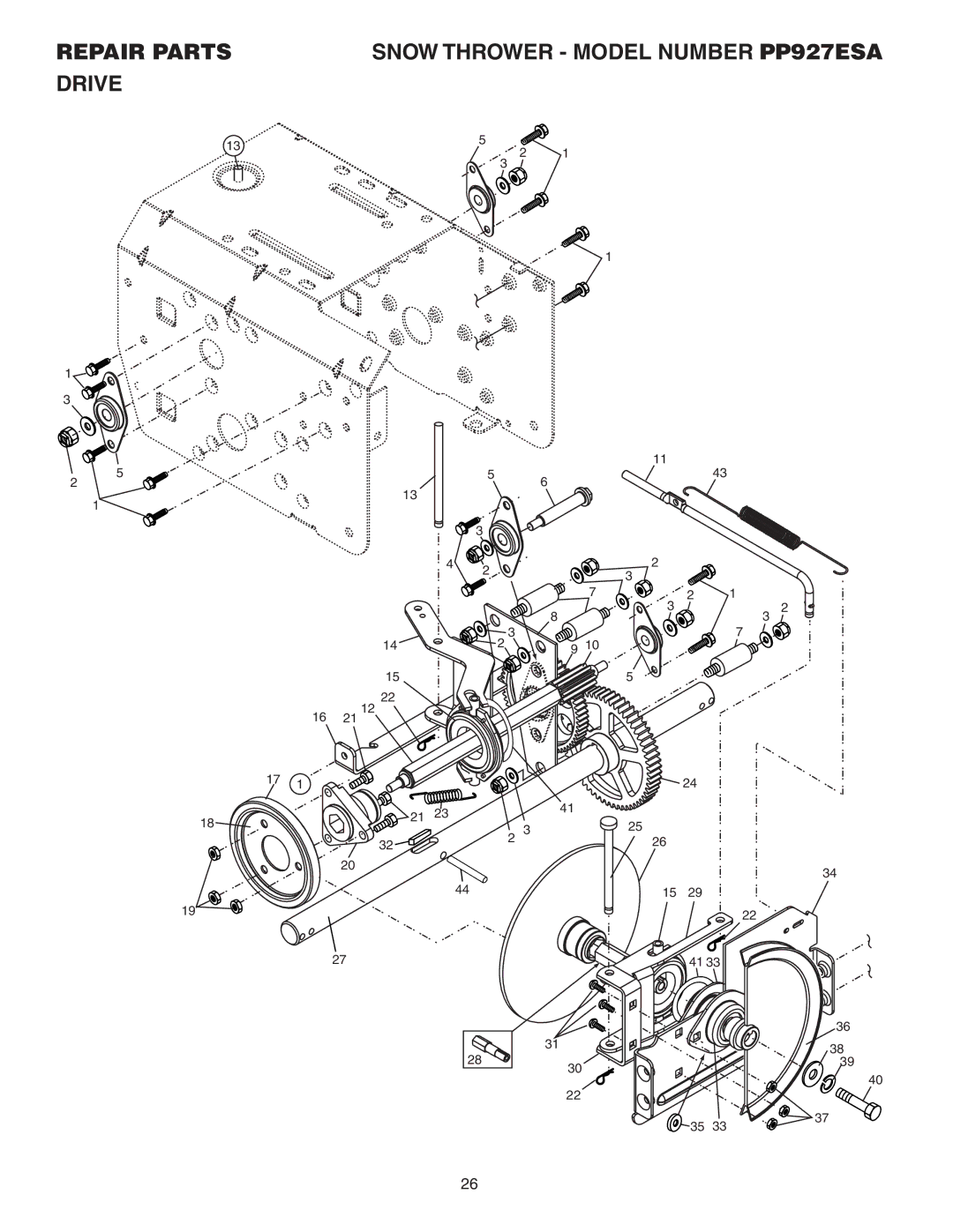 Poulan 183616 owner manual Repair Parts Snow Thrower Model Number PP927ESA Drive 