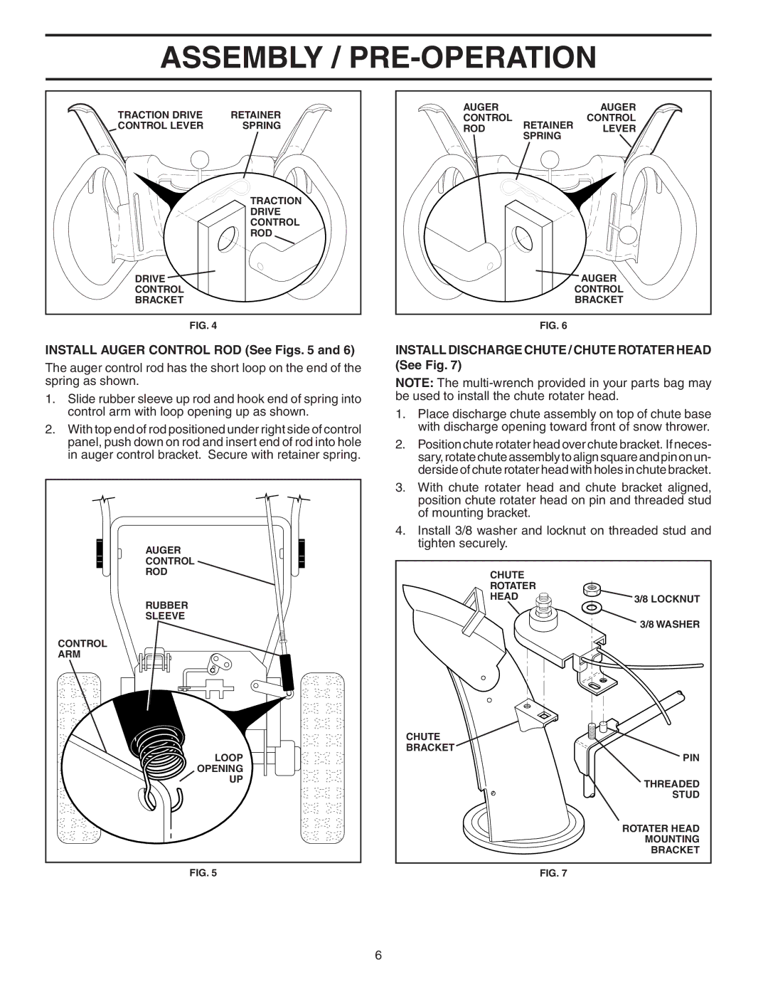 Poulan 183616 owner manual Install Auger Control ROD See Figs, Install Discharge Chute / Chute Rotater Head See Fig 