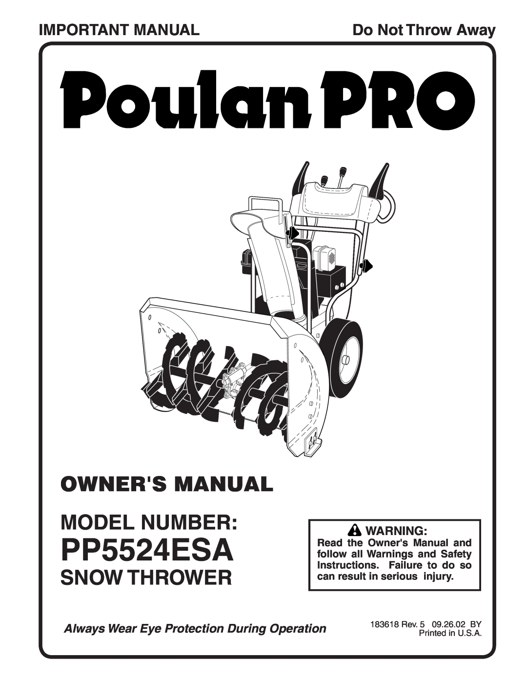 Poulan 183618 owner manual Snow Thrower, Important Manual, PP5524ESA, Do Not Throw Away 