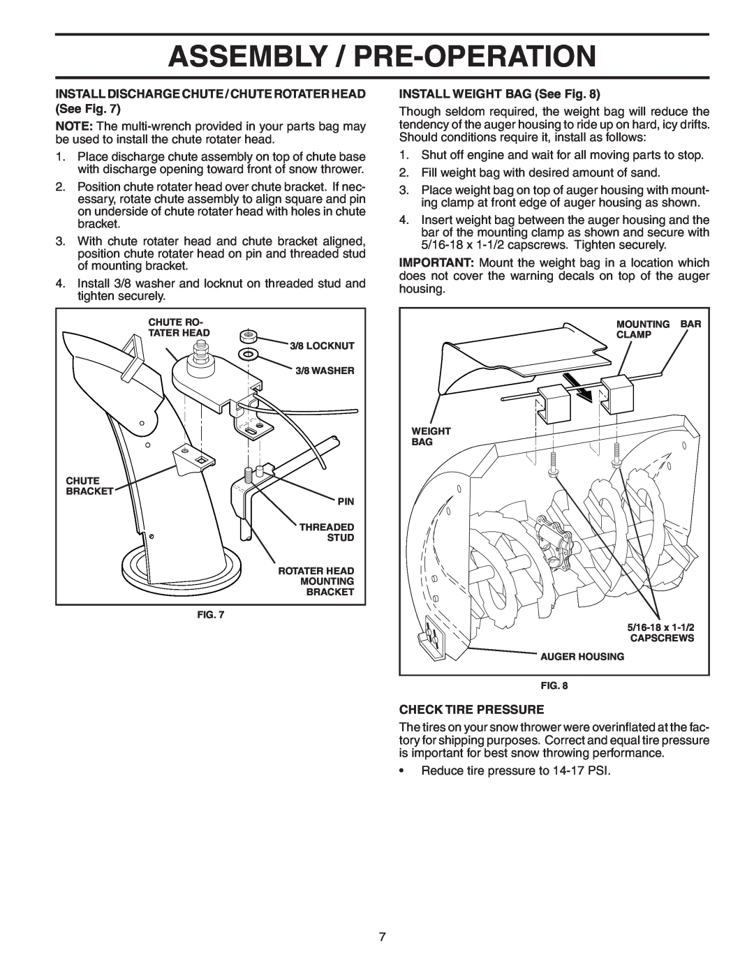 Poulan 183618 owner manual Assembly / Pre-Operation, INSTALL WEIGHT BAG See Fig, Check Tire Pressure 
