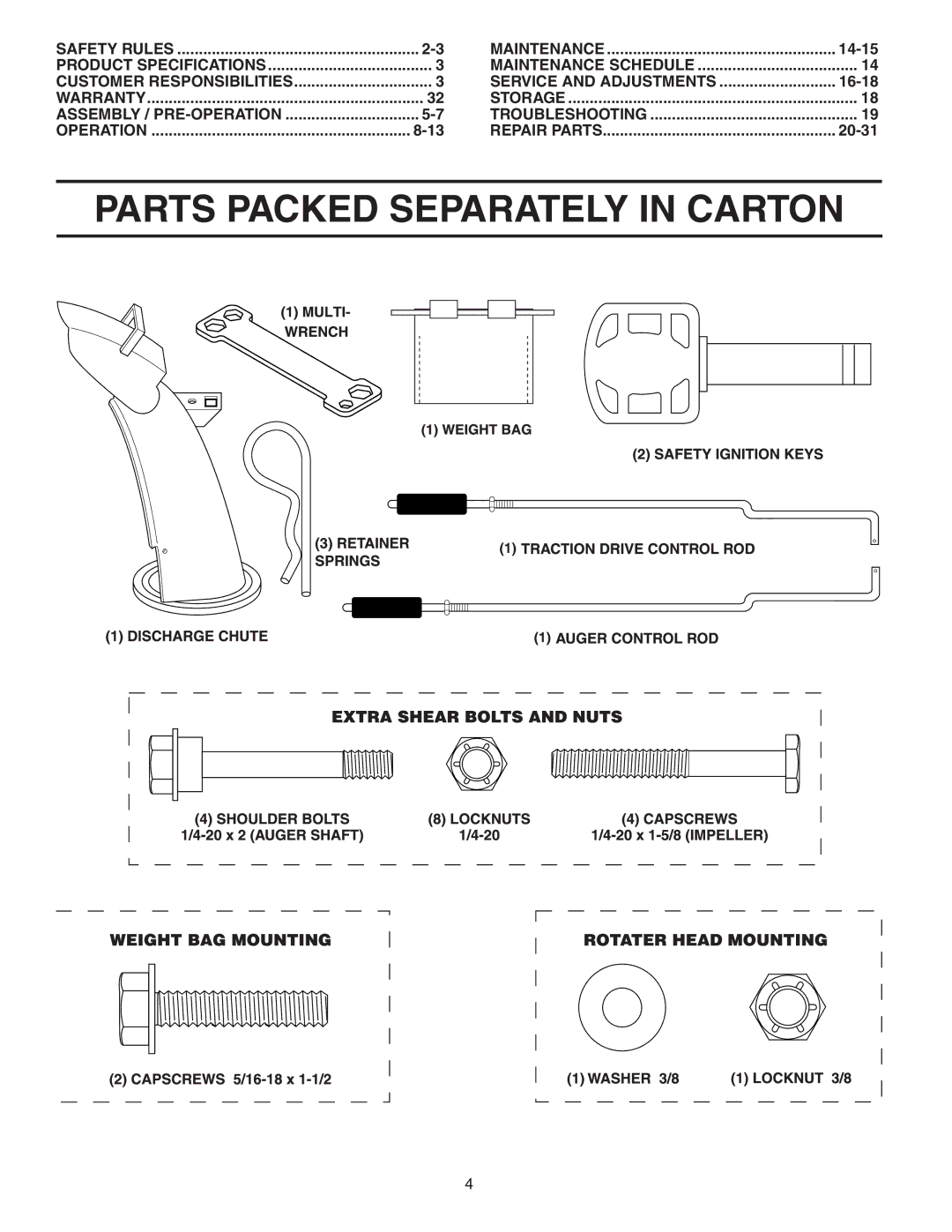 Poulan 183618 owner manual Parts Packed Separately in Carton, 14-15, Service and Adjustments, 16-18, 20-31 