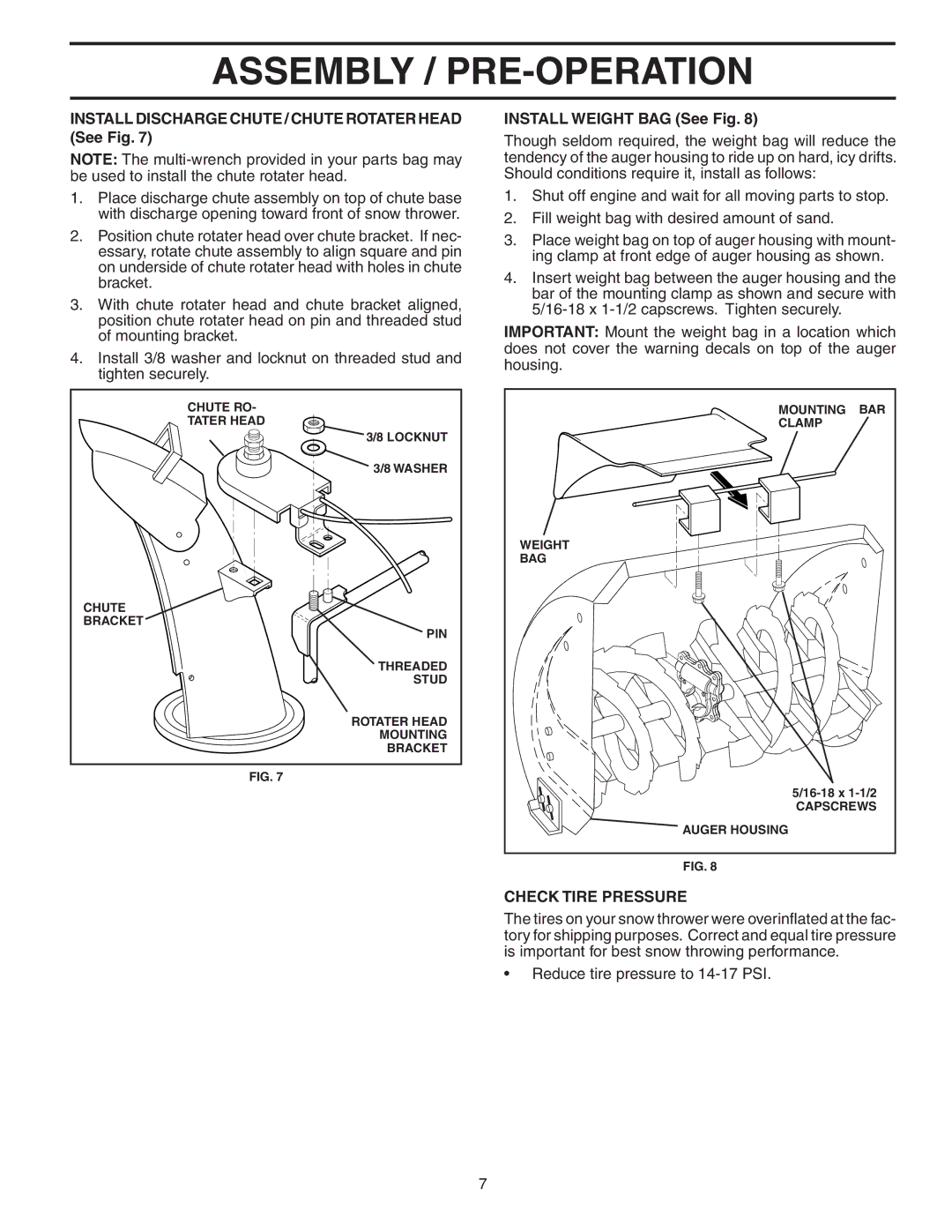 Poulan 183618 Install Discharge Chute / Chute Rotater Head See Fig, Install Weight BAG See Fig, Check Tire Pressure 