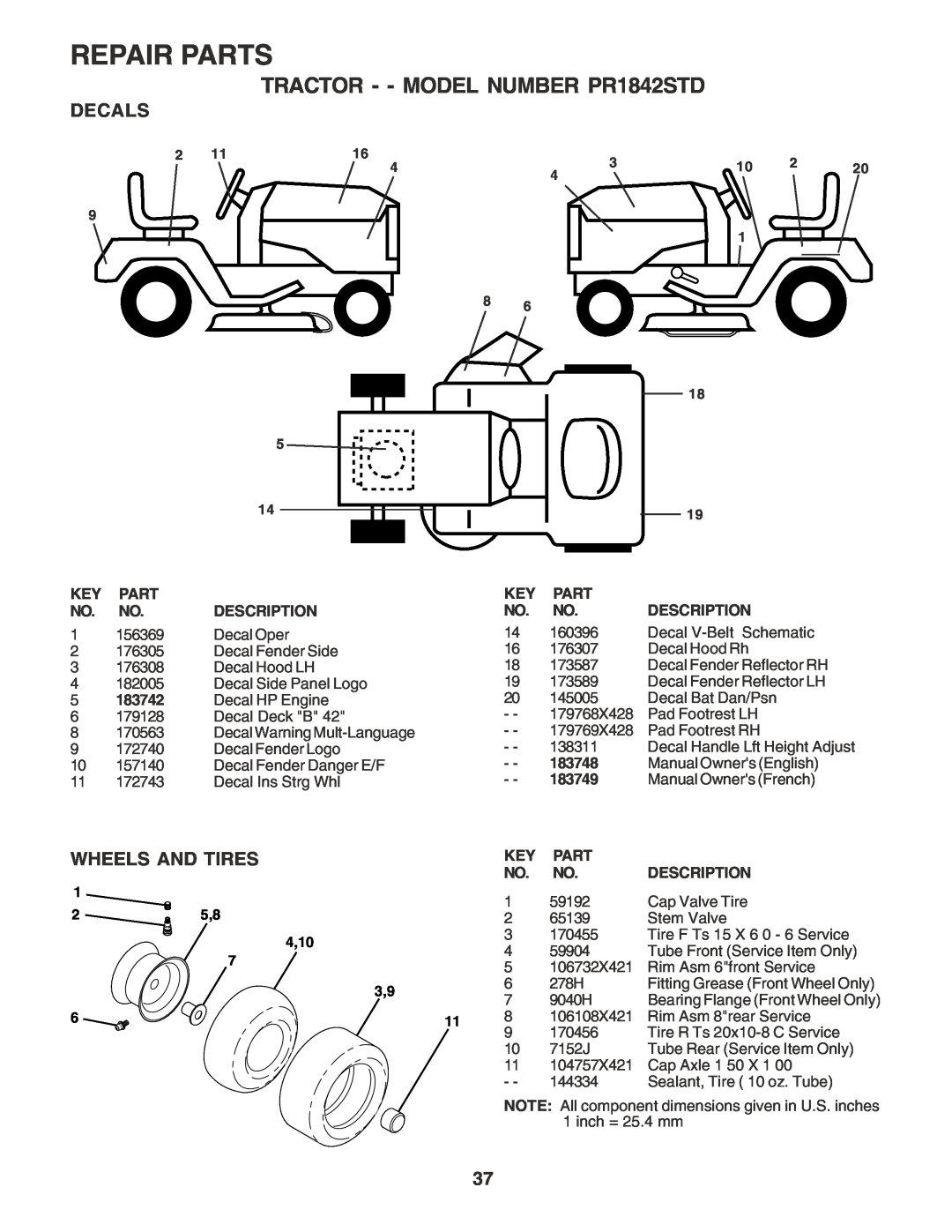 Poulan 183748 owner manual Decals, Wheels And Tires, Repair Parts, TRACTOR - - MODEL NUMBER PR1842STD 