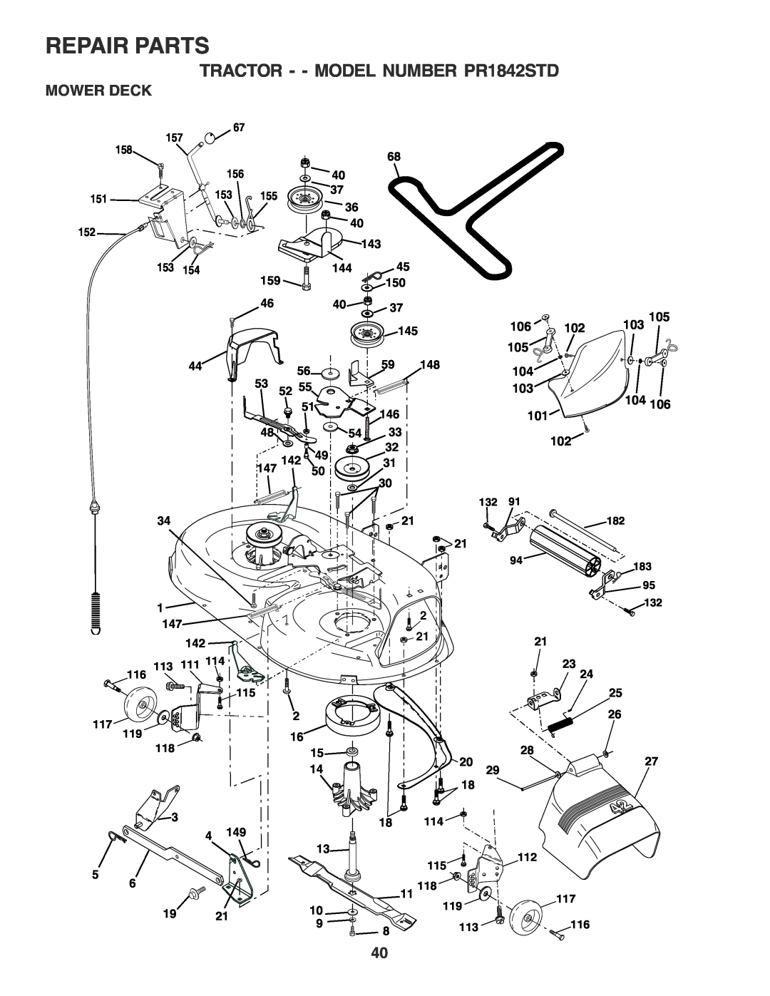 Poulan 183748 owner manual Mower Deck, Repair Parts, TRACTOR - - MODEL NUMBER PR1842STD, 103105 