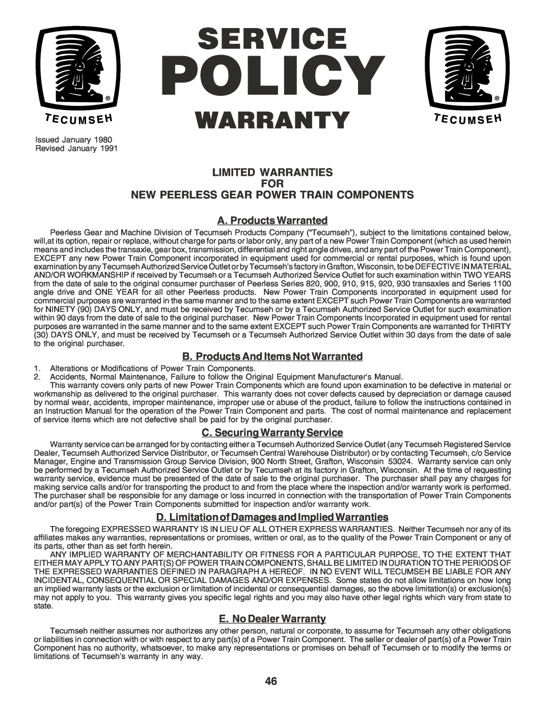 Poulan 183748 owner manual Limited Warranties For, New Peerless Gear Power Train Components, Policy 