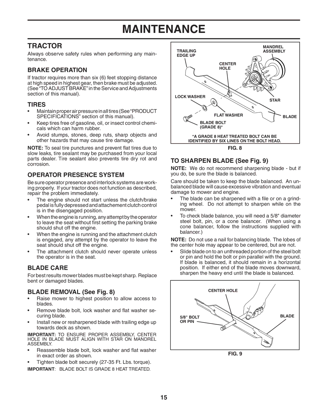 Poulan 183981 manual Tractor, Brake Operation, Tires, Operator Presence System, Blade Care 