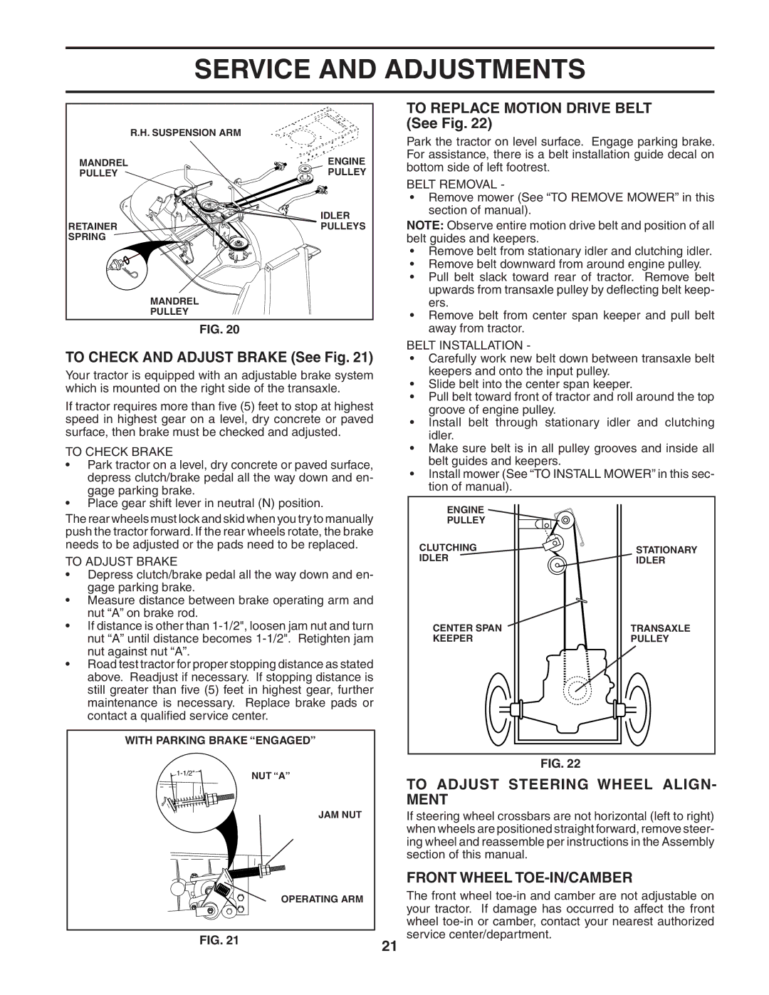 Poulan 183981 manual To Check and Adjust Brake See Fig, To Replace Motion Drive Belt See Fig, Front Wheel TOE-IN/CAMBER 