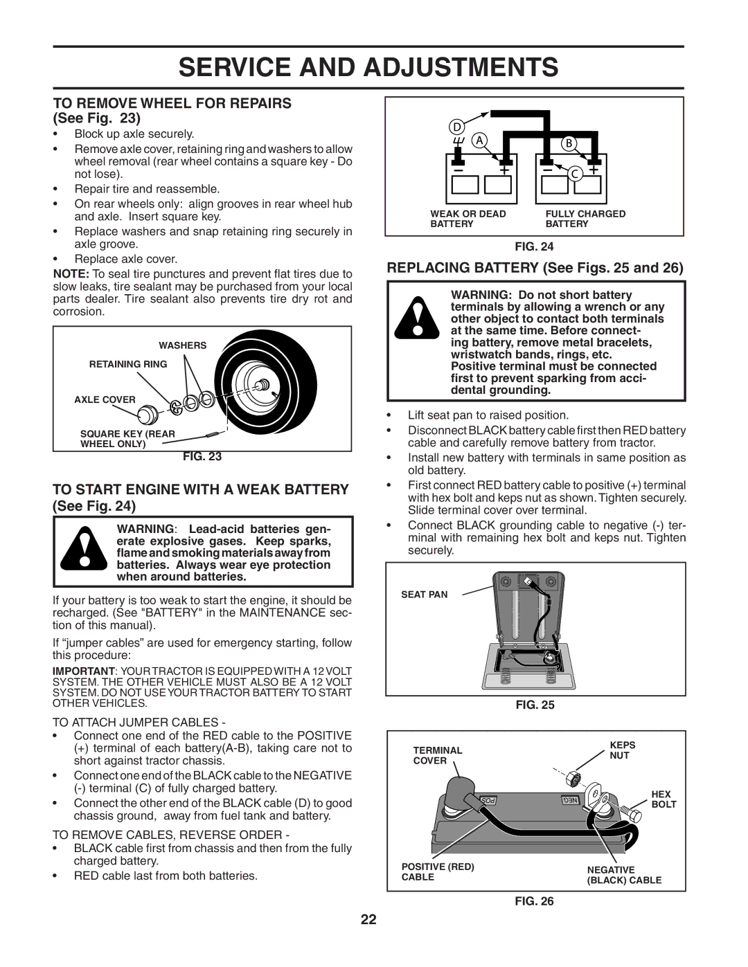 Poulan 183981 To Remove Wheel for Repairs See Fig, To Start Engine with a Weak Battery See Fig, Replacing Battery See Figs 