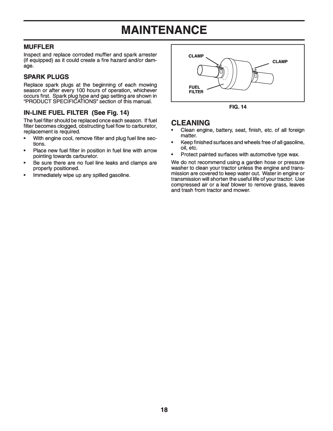 Poulan 183981 manual Cleaning, Muffler, Spark Plugs, IN-LINE FUEL FILTER See Fig, Maintenance 