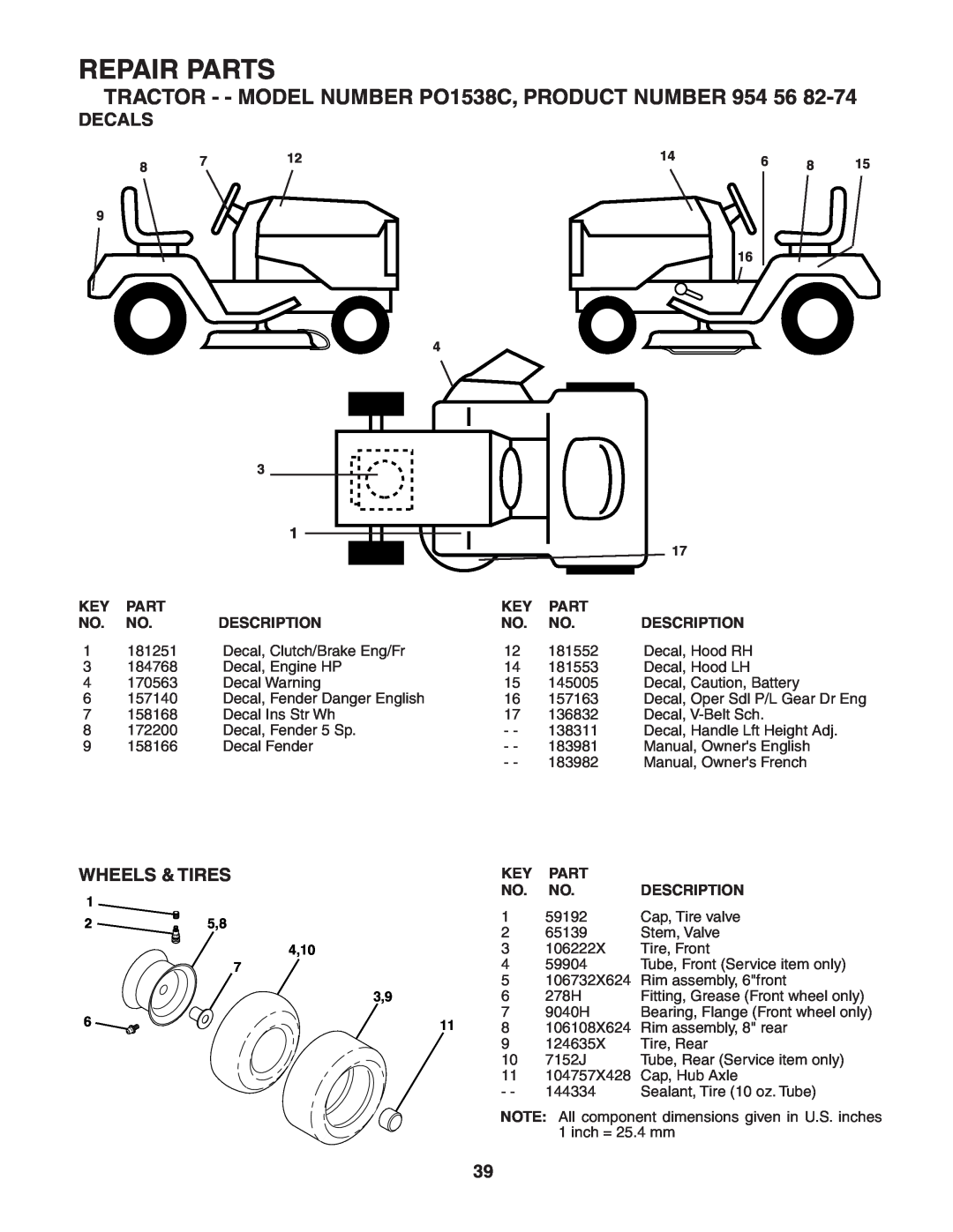 Poulan 183981 manual Decals, Wheels & Tires, Repair Parts, TRACTOR - - MODEL NUMBER PO1538C, PRODUCT NUMBER, 25,8 4,10 