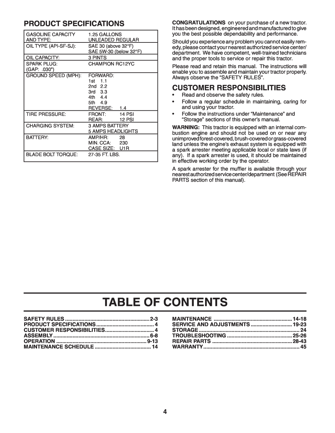 Poulan 183981 manual Table Of Contents, Product Specifications, Customer Responsibilities 