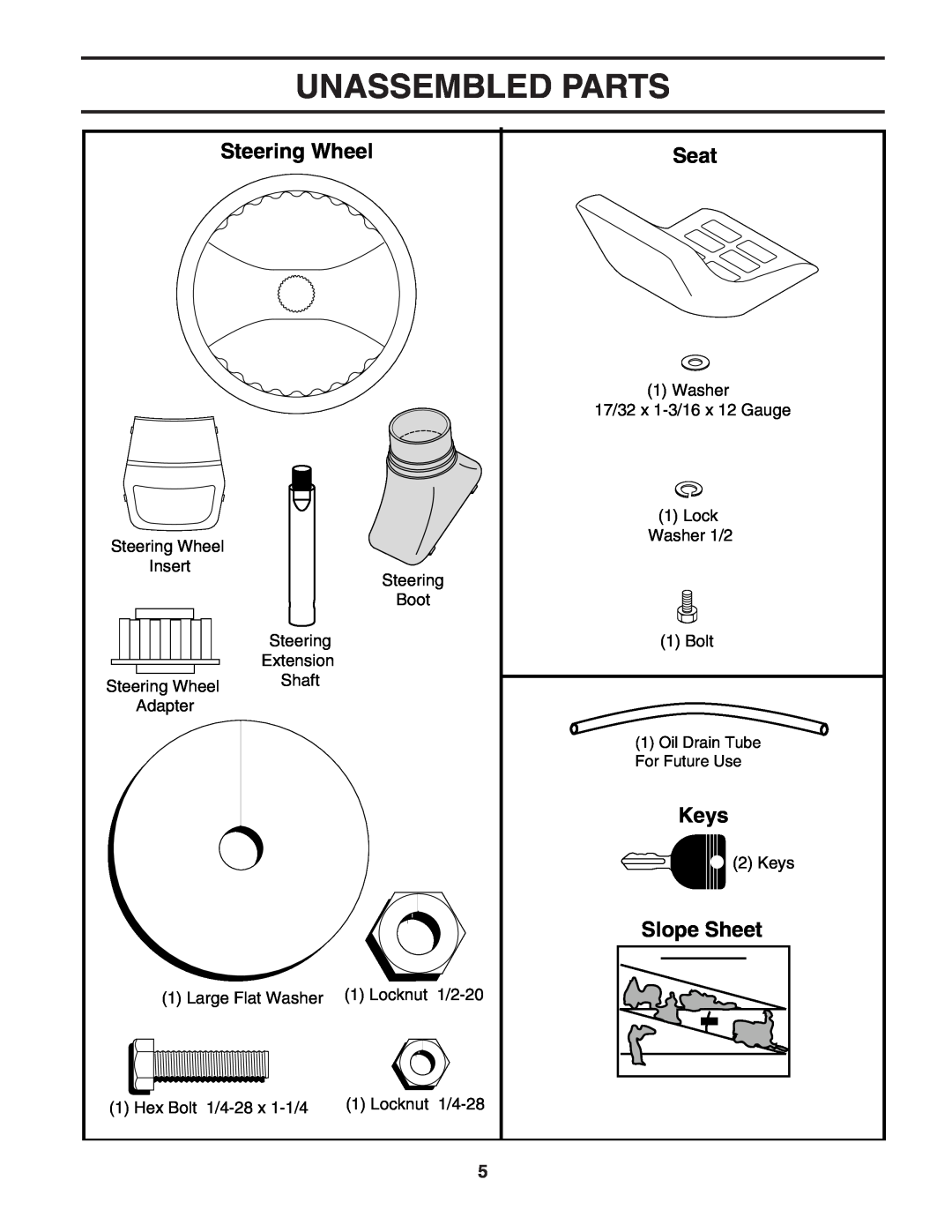 Poulan 183981 manual Unassembled Parts, Steering Wheel, Seat, Keys, Slope Sheet 