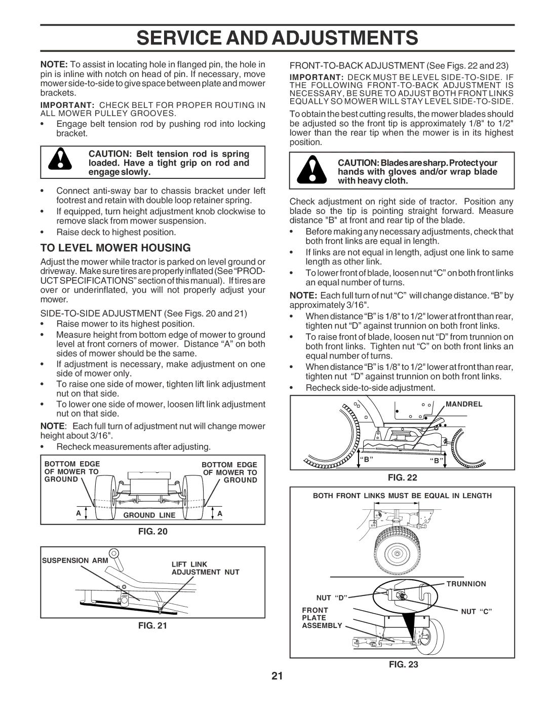 Poulan 184314 owner manual To Level Mower Housing, FRONT-TO-BACK Adjustment See Figs 