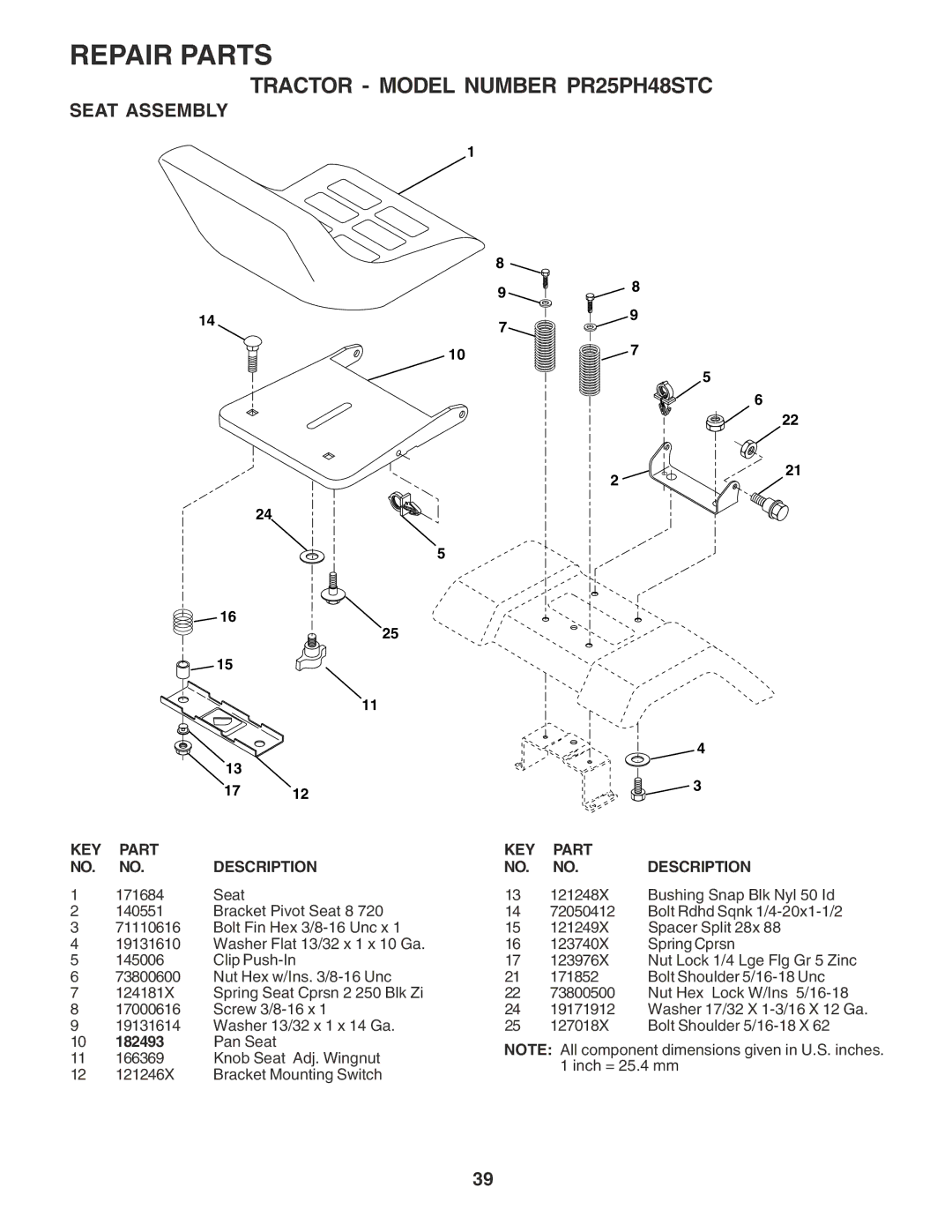 Poulan 184314 owner manual Seat Assembly, 182493 