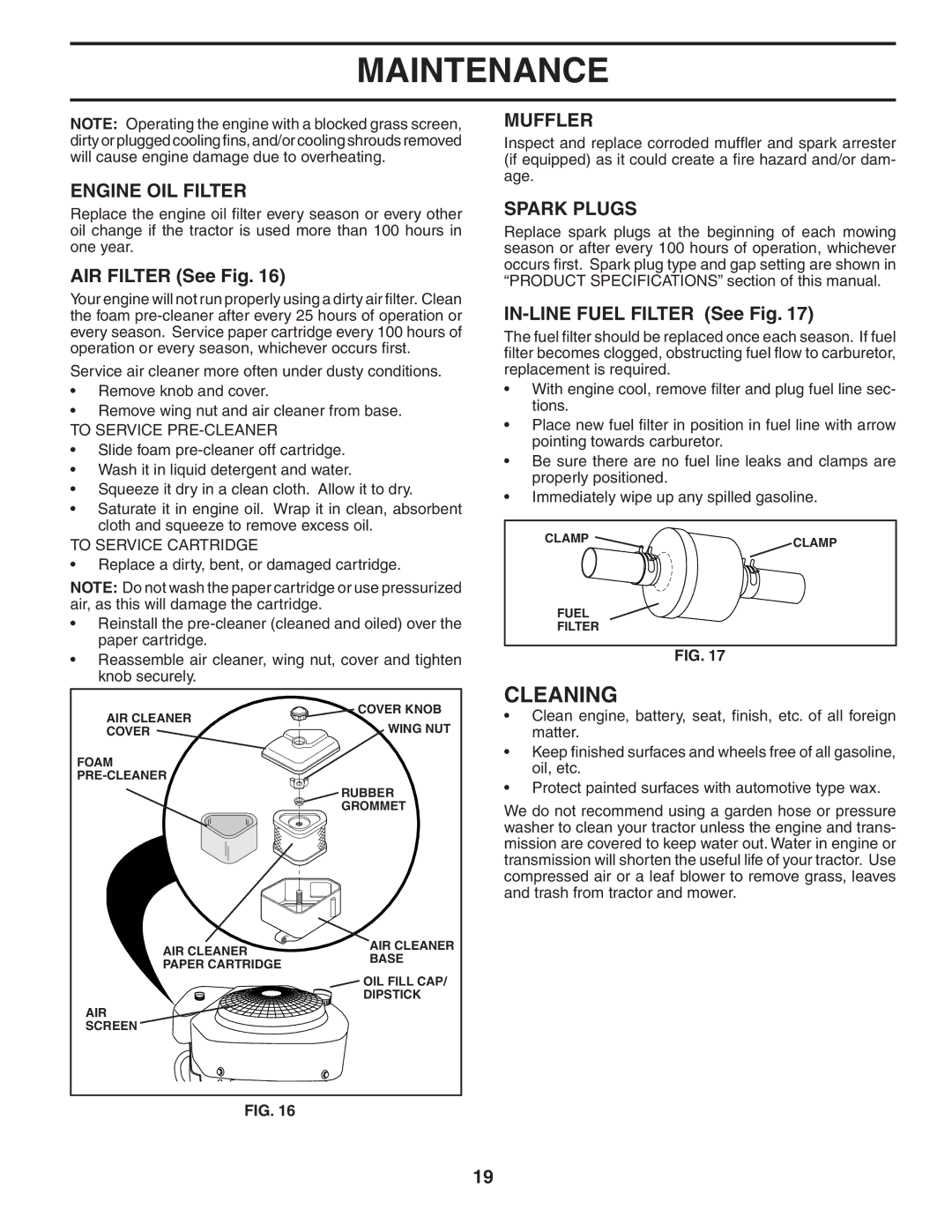 Poulan 184581 owner manual Cleaning, Engine OIL Filter, Muffler, Spark Plugs 